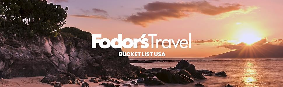 Photo of a beach at sunset with text: Fodor's Travel Bucket List USA