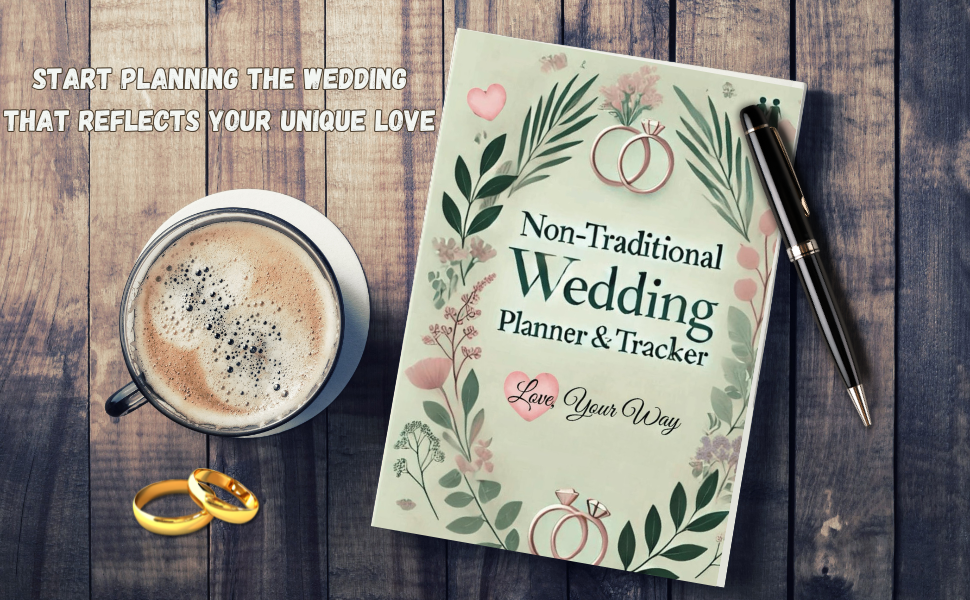Non-Traditional Wedding Planner sitting on a table with cup of coffee, and wedding rings