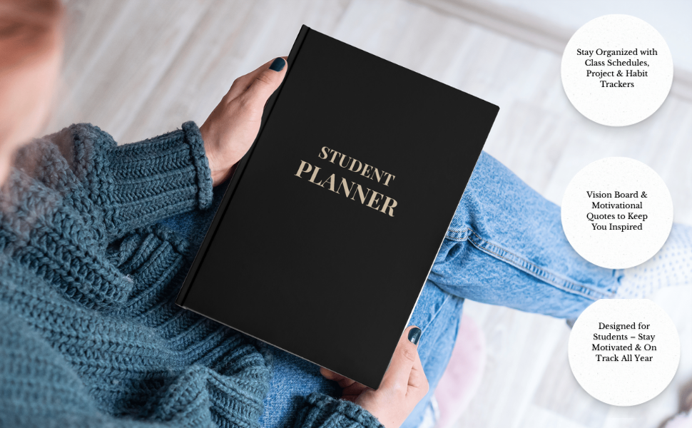 Student planner book with black hardcover