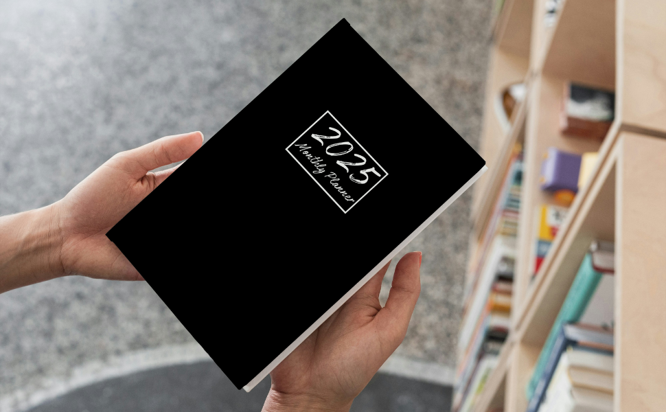 2025 monthly planner  papers squares  office black cover for men and women both genders