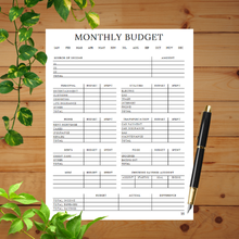 Monthly Budget page from a household planner with sections for income, expenses, and savings
