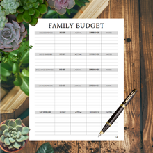 Family Budget page with sections for house, auto, insurance, living, and miscellaneous expenses.