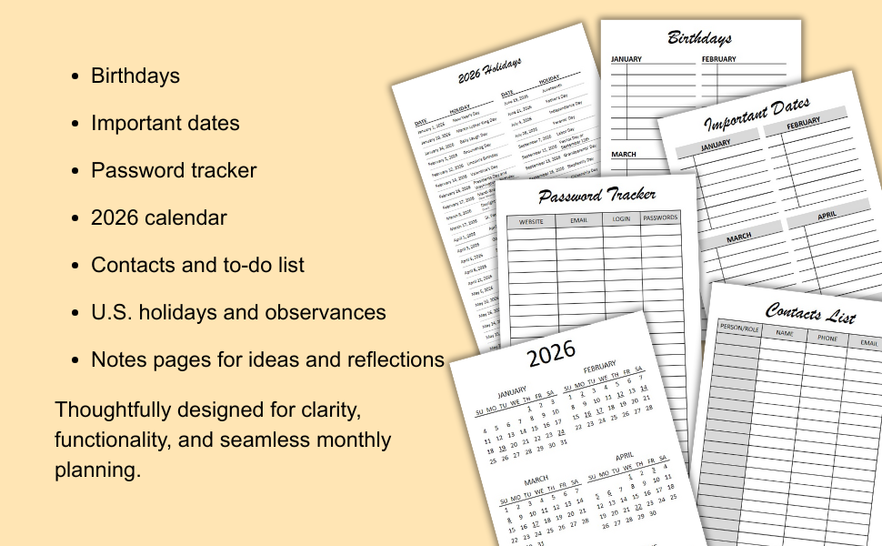 2026 Personal Organizer – Password Tracker, Important Dates Contact Log Planner