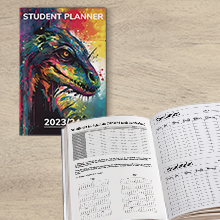 Dinosaur student calendar cover and open book