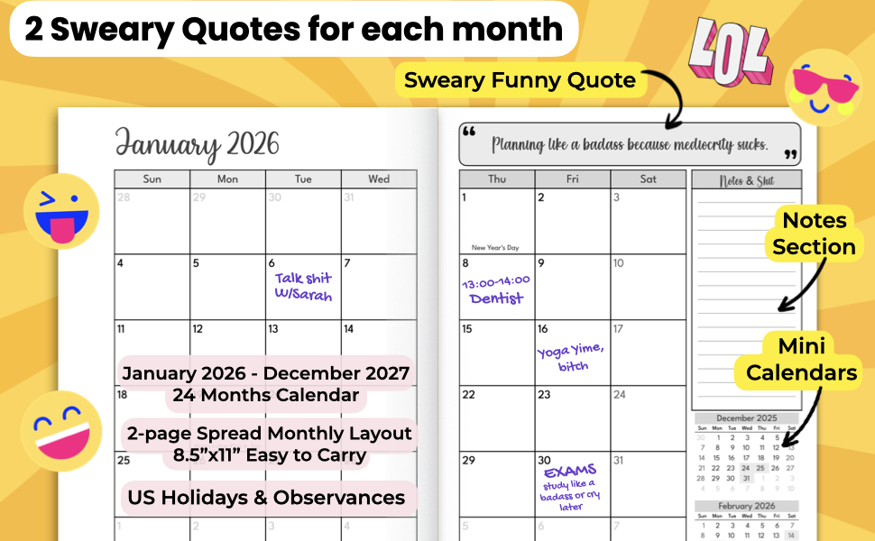 2026-2027 sweary mom planner monthly affirmations 2 year 26-27 cuss word for women cussing calendar