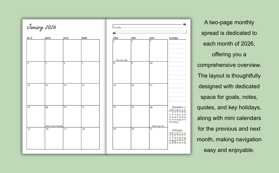 2026 Monthly Planner – 2-Page Calendar Spread with Goals, Notes &amp;amp; Inspirational Quotes