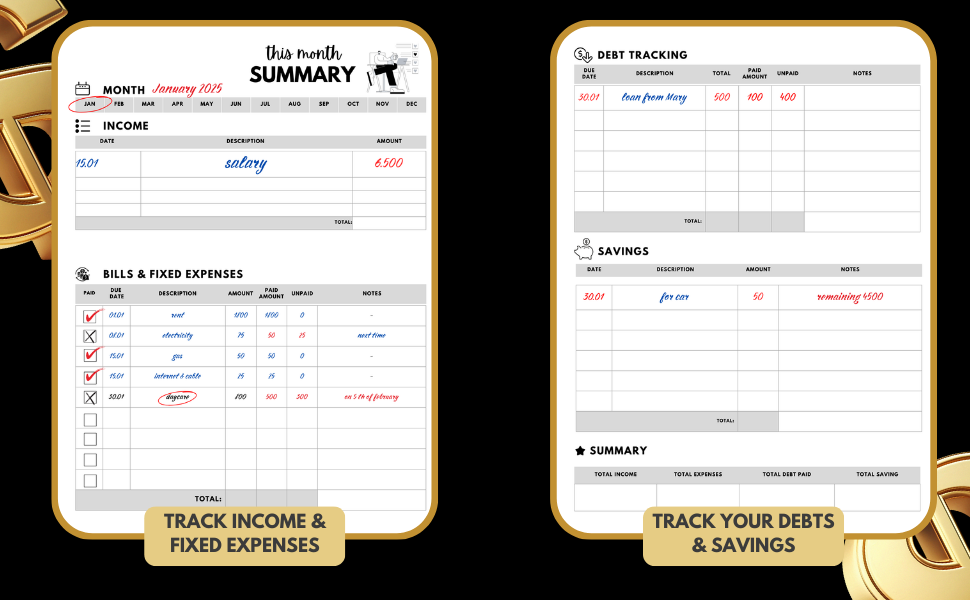 Track income, fixed bills, debts and savings