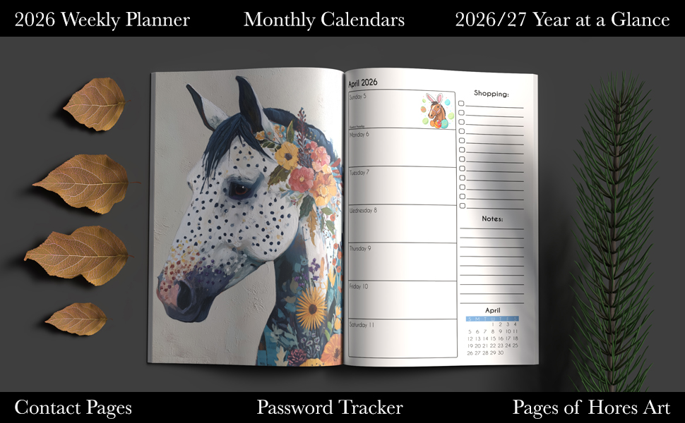 weekly planner pages with artistic and creative horse ar throughout profits going to equine rescue