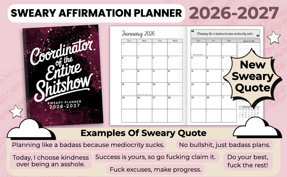 2026-2027 sweary mom planner monthly affirmations 2 year 26-27 cuss word for women cussing calendar
