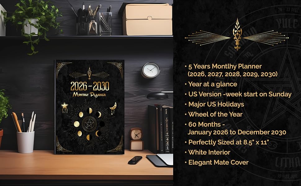 2026-2030 5 years monthly planner - celestial black cover