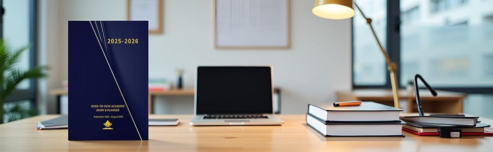 Desktop workspace setup showing a laptop, books, and study materials arranged on a desk with natural lighting.