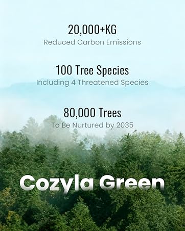 Text reads '20,000 KG', 'Cozyla Green', '100 Tree Species', '80,000 Trees'. Green forest landscape with environmental impact statistics overlay.