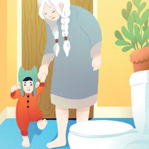 stylized cartoon image of mother walking child to potty.