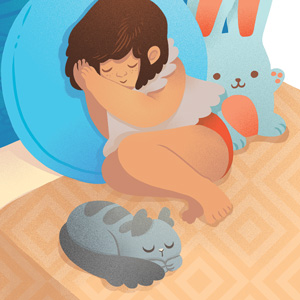 Stylized cartoon of a small toddler girl sleeping peacefully in bed with grey cat.