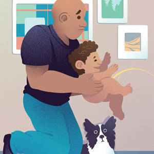 Humorist cartoon of Man holding child while child tries to use potty but misses. Dog looks confused