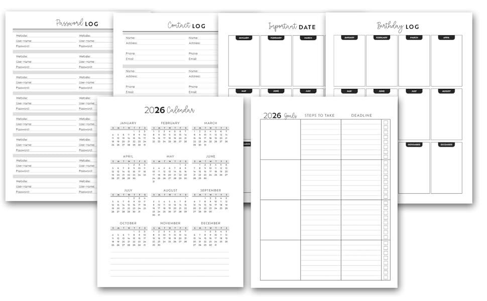 Important dates and birthday log pages in a clean black-and-white layout