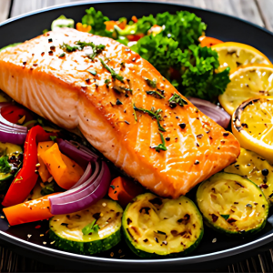 Salmon with roasted zucchini, bell peppers, red onion, lemon, and fresh herbs