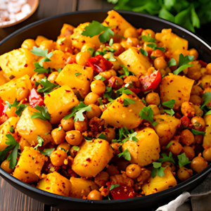 Mediterranean chickpea and potato dish with parsley, bell pepper, and spices