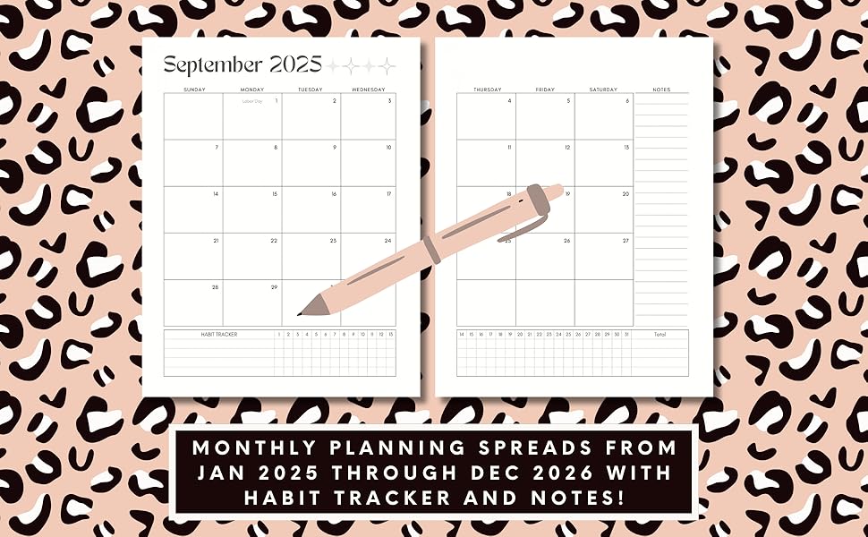 Image of the monthly planning pages in the "2025-2026 Leopard Print Monthly Planner."