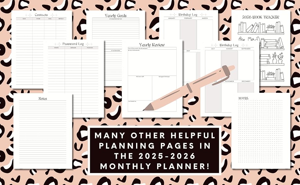 Image of more helpful planning pages in "2025-2026 Leopard Print Monthly Planner."