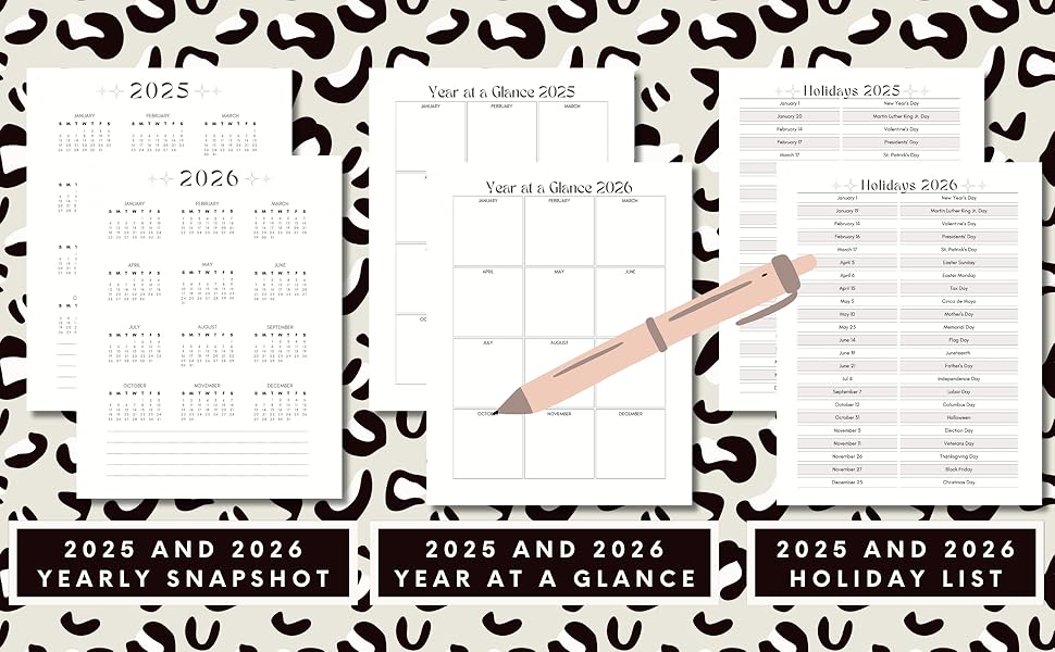Image of some helpful planning pages in the "2025-2026 Leopard Print Monthly Planner."