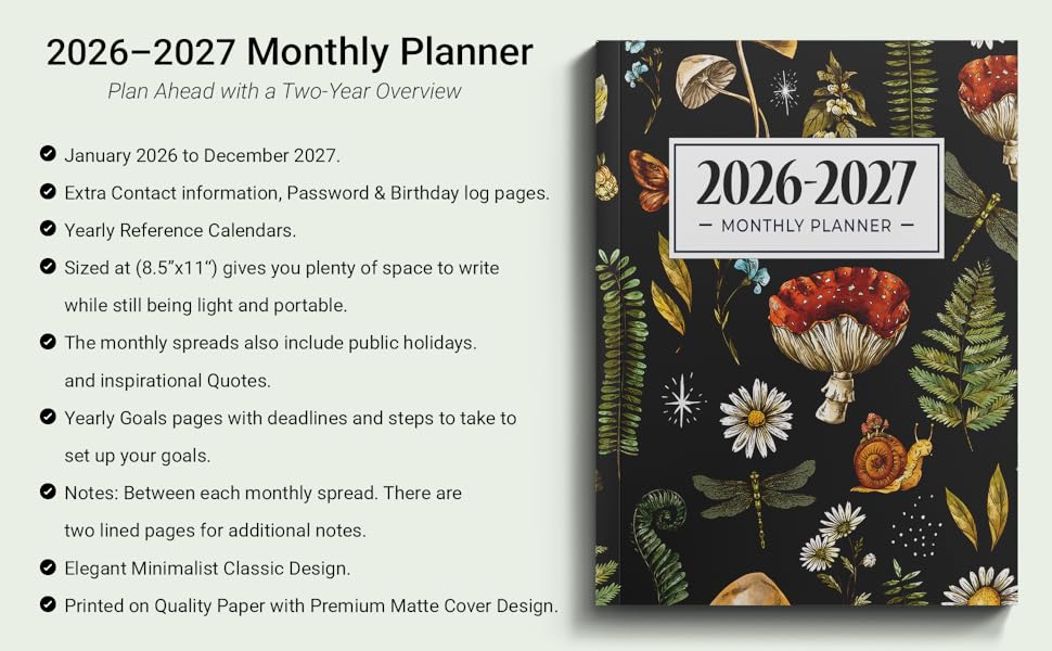2026–2027 planner with a dark botanical mushroom cover