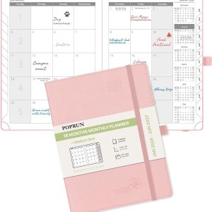POPRUN Monthly Planner 2026-2027 (Medium- 6.5'' x 8.5'' Soft Cover), 18-Month Calendar Book (Jan.2026 - Jun. 2027), Calendar Planner with Monthly Tabs & Pocket, 100 GSM Paper - Pink