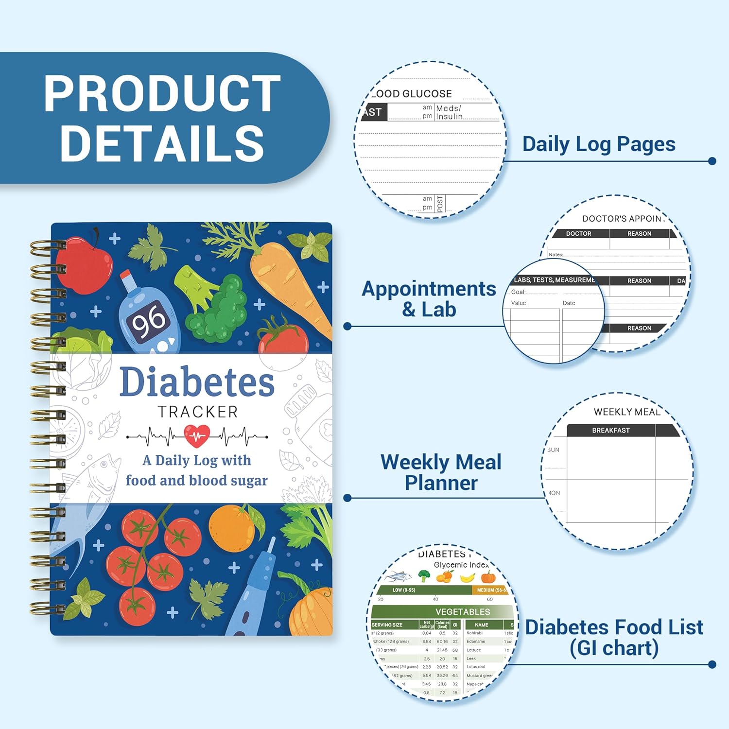 Diabetes Daily Log Book, Diabetes Food List Meal Planner, Diabetic Record Monitor for Types 1 & 2, Food & Blood Sugar, Glycemic Index (GI), Track Glucose, Carbs Calories, Insulin | A5 Spiral Bound - Image 5