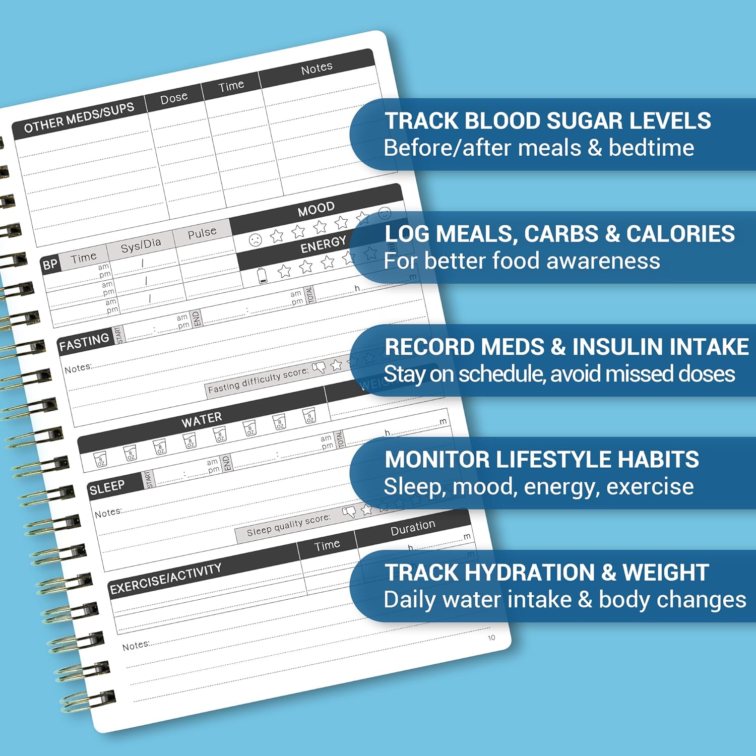 Diabetes Daily Log Book, Diabetes Food List Meal Planner, Diabetic Record Monitor for Types 1 & 2, Food & Blood Sugar, Glycemic Index (GI), Track Glucose, Carbs Calories, Insulin | A5 Spiral Bound - Image 2