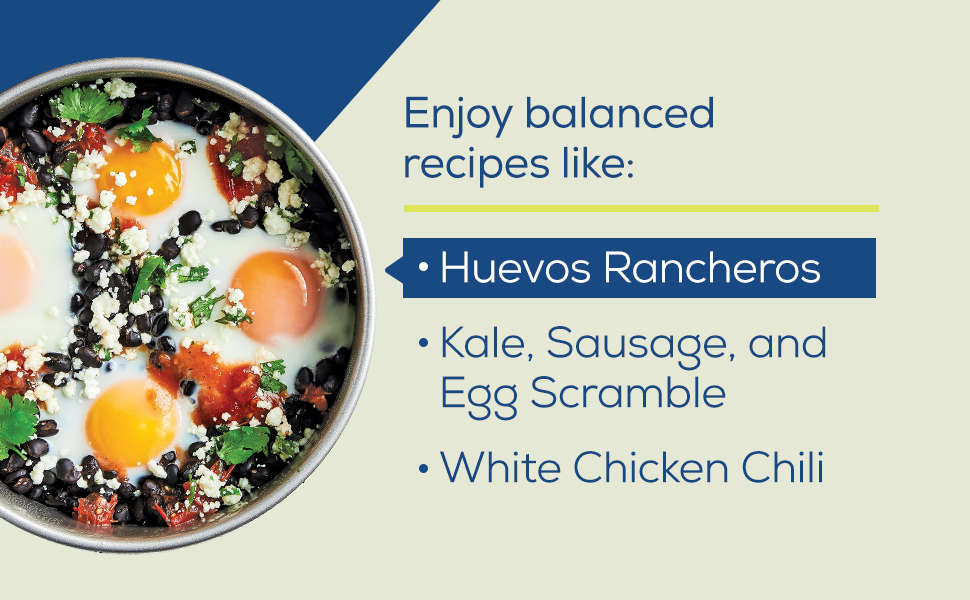 Enjoy balanced recipes like: Huevos Rancheros Sausage, and Egg Scramble White Chicken Chili