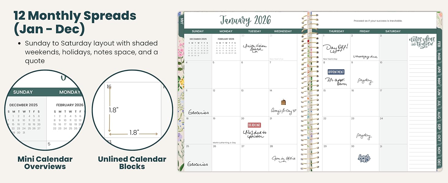 12 monthly spreads january to december sunday to saturday layout shaded weekends quotes