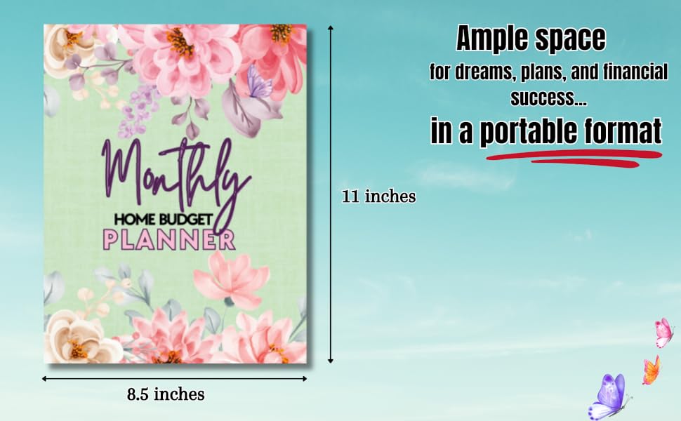 BLUE BACKGROUND WITH MONTHLY HOME BUDGET PLANNER COVER ON THE LEFT