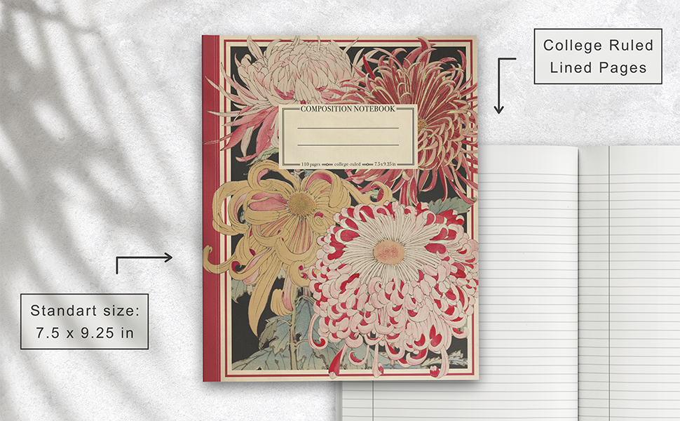 Composition Notebook with a picture of Chrysanthemums on the cover and additional information.
