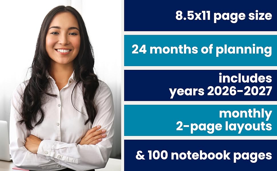 8.5x11 page size, 24 months of planning, includs 2026-2027, monthly 2-page layouts