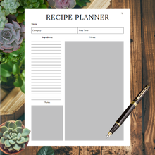 Recipe planner page with sections for name, category, prep time, ingredients, and notes.