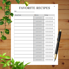 Favorite recipes page with recipe name, difficulty rating, and star rating.