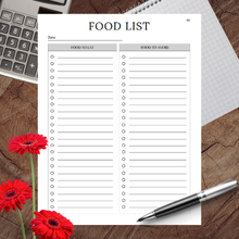 Food list page with sections for date, foods to eat, and foods to avoid.