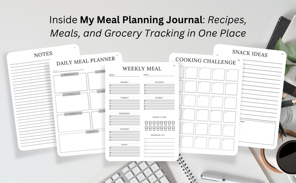 Inside pages of My Meal Planning Journal with sections for meals, recipes, and grocery lists.