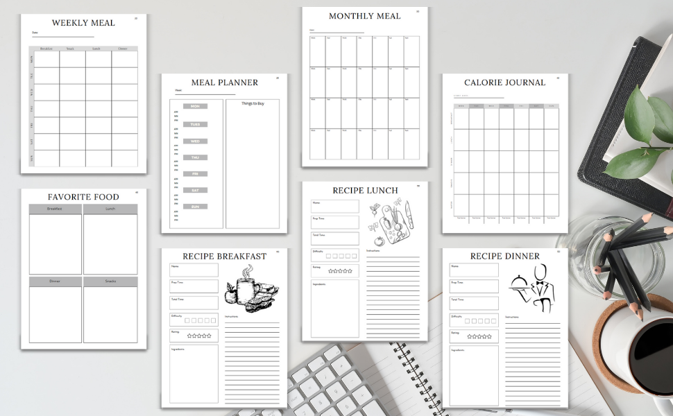 Inside pages of My Meal Planning Journal with sections for meals, recipes, and grocery lists. Pt2