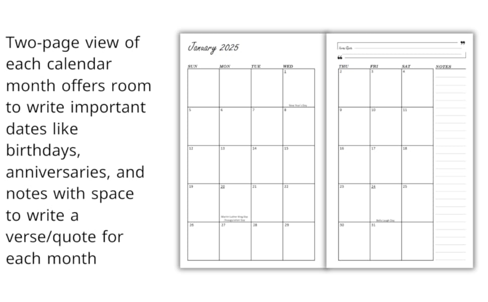 Two page view of each calendar write a verse quote for each month pages papers white