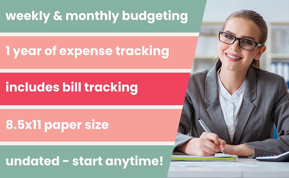weekly &amp; monthly budgeting, 1 year of expense tracking, bill tracking, 8.5x11 size, undated