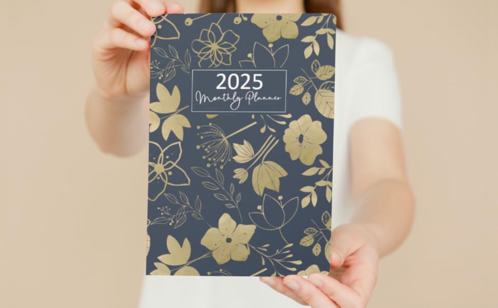 2025 monthly planner golden flowers garden blue navy  papers squares