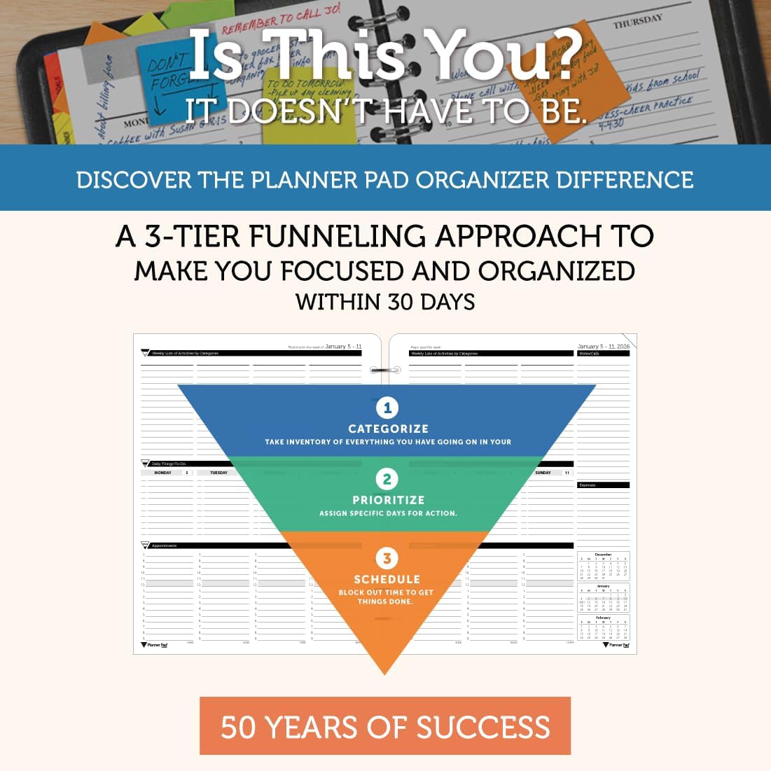 Planner Pad 7 Hole Loose Leaf January-December 2026/ Calendar Year 8 1/2" x 11" Large 3-Tier Funnel Down 12 Month Organizer,Black Ink, 8 1/2" x 11” - Image 2
