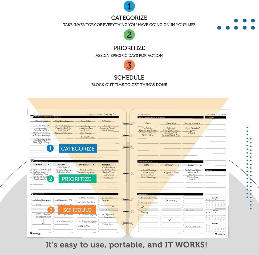 Planner Pad 7 Hole Loose Leaf January-December 2026/ Calendar Year 8 1/2" x 11" Large 3-Tier Funnel Down 12 Month Organizer,Black Ink, 8 1/2" x 11” - Image 5
