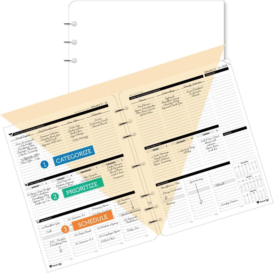 Planner Pad 7 Hole Loose Leaf January-December 2026/ Calendar Year 8 1/2" x 11" Large 3-Tier Funnel Down 12 Month Organizer,Black Ink, 8 1/2" x 11”