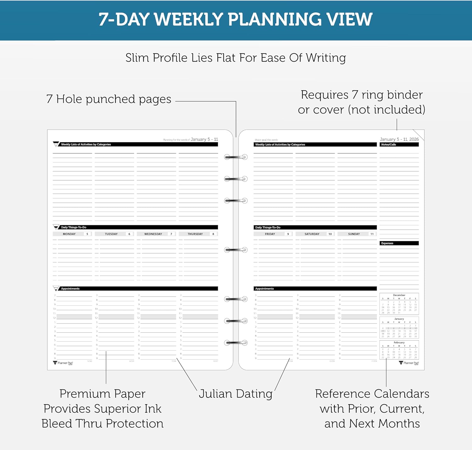 Planner Pad 7 Hole Loose Leaf January-December 2026/ Calendar Year 8 1/2" x 11" Large 3-Tier Funnel Down 12 Month Organizer,Black Ink, 8 1/2" x 11” - Image 3