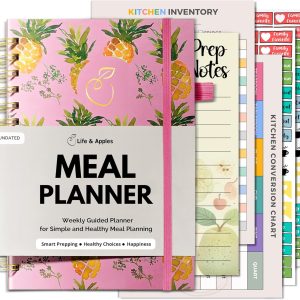Life & Apples Meal Planner with Grocery List – Undated Weekly Menu & Meal Prep Notebook for Women & Men, Healthy Eating & Weight Loss Planner, 52-Week Spiral Bound Journal, Pineapples