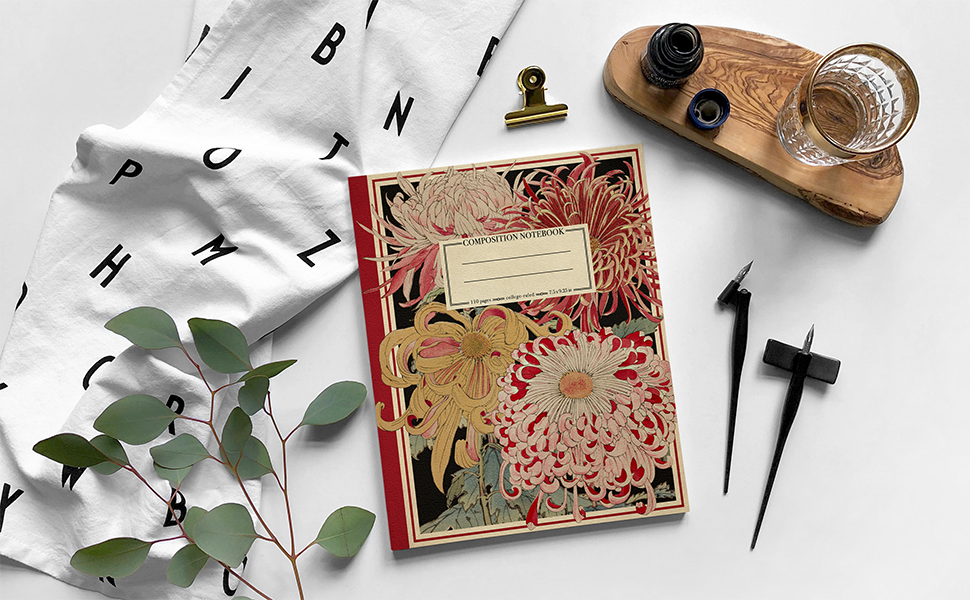 Composition Notebook with a picture of Chrysanthemums Illustration on the cover.