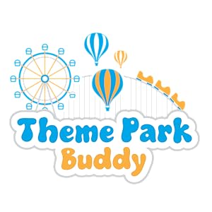 Text reads 'Theme Park buddy'. Logo design featuring amusement park elements like ferris wheel and roller coaster silhouettes in blue and yellow colors against white background.
