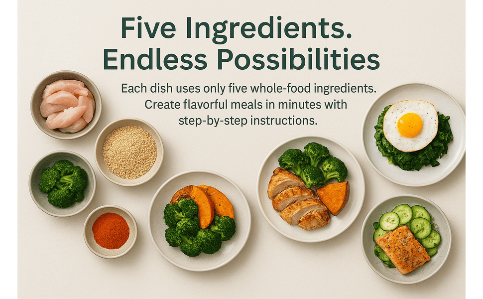 Flat lay of five clean ingredients and finished air fryer meals showing recipe variety